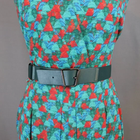 Akris Size 85 Green Leather and Elastic Belt with Trapezoid Buckle Sporty-Belt - Picture 9 of 15